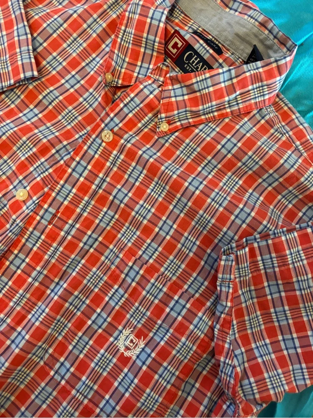 Chaps Men's Red Plaid Short-Sleeve Button-Down Shirt with Blue and White Accents